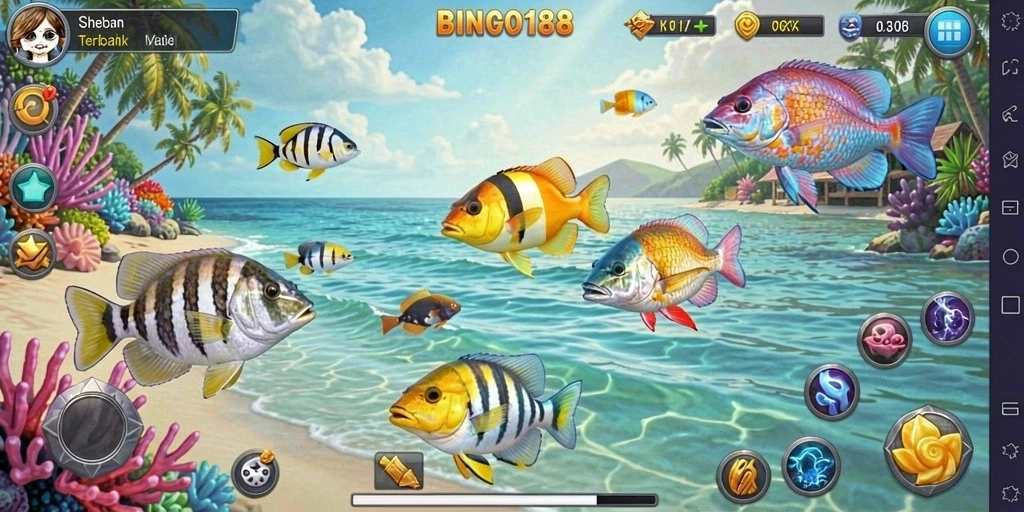Menampilkan tampilan seru gameplay BINGO188 Tembak Ikan.