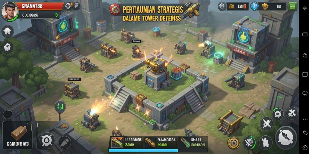 Screenshot gameplay Tower Defense yang menunjukkan menara dan musuh dalam pertarungan.