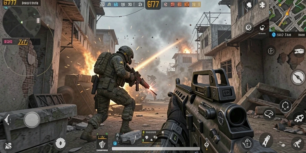 Tampilan gameplay menegangkan GT777 dengan aksi FPS yang intens.